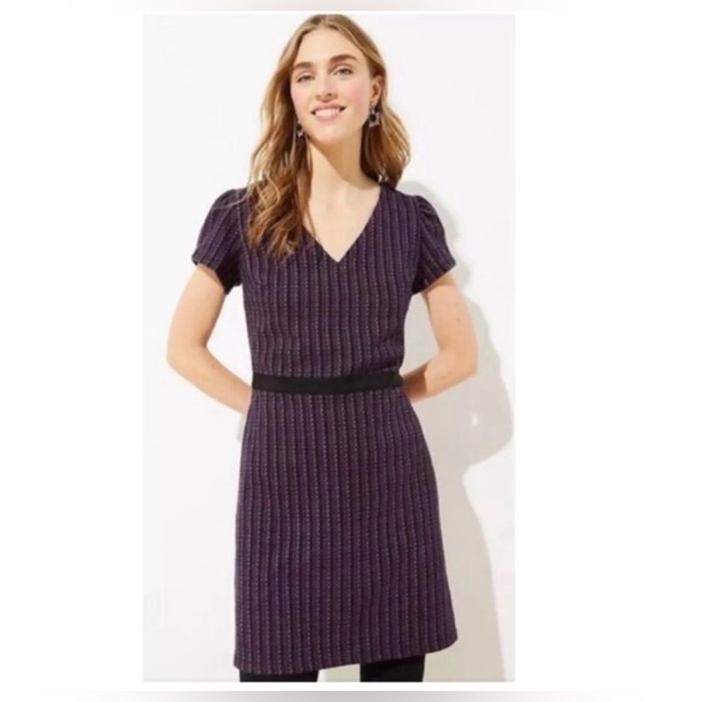 Loft Navy Blue and Pink Tweed Like Short Sleeve Dress